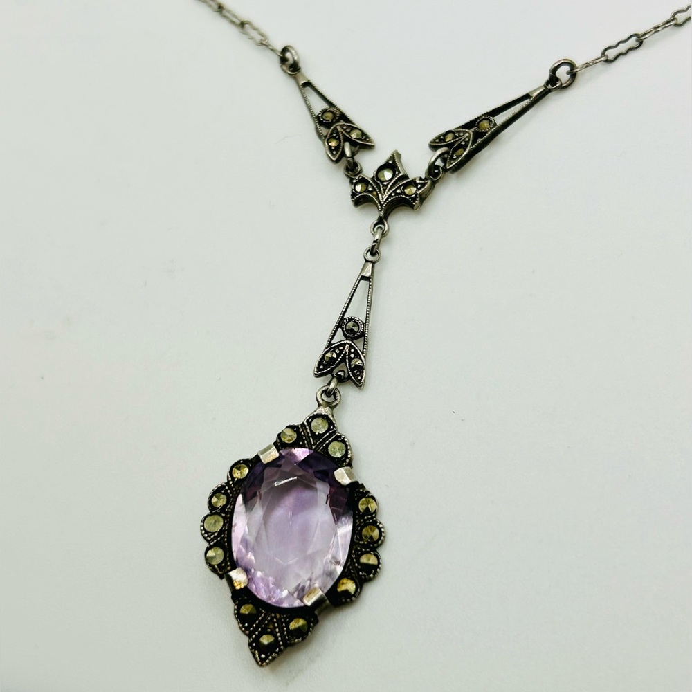 Vintage Marcasite & Amethyst Sterling Silver 925 Art Deco Gatsby Necklace - Picture 5 of 9
